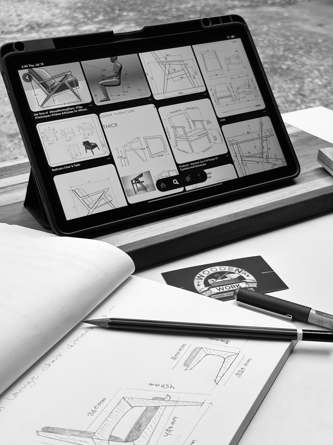 Tablet displaying furniture designs next to a notebook and sketches.
